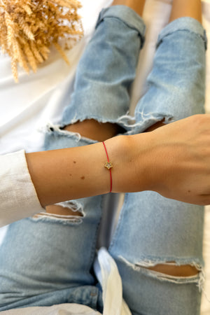 14k Gold Star Zirconia Diamond Bracelet with Natural 100% Silk String - Do.Dreamss - Handmade Luxury Jewelry for Good Luck and Protection